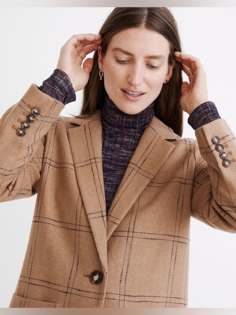 New with tags Madewell Larsen Windowpane Check Recycled Wool Blend Blazer Tan M - Picture 2 of 11